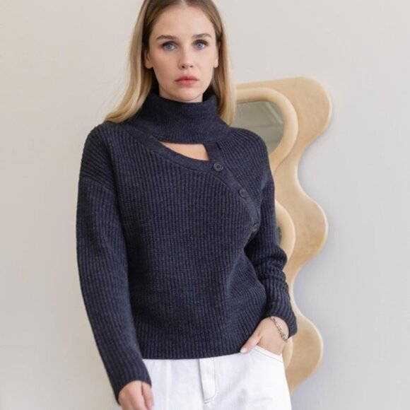 Dark Gray Turtle Neck Button detail Long Sleeve Sweater - Picture 4 of 6